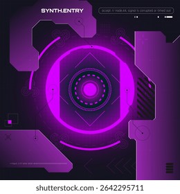 Dark cyberpunk vector artwork in purple tones with circular digital center, synth interface text, corrupted signal warning and grid-based UI structure. Concept of synth tech, communication failure