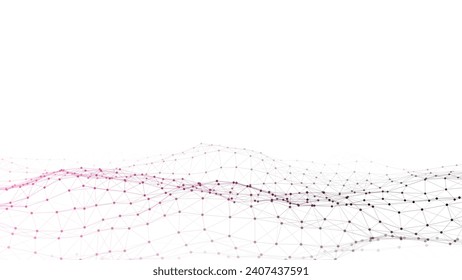 Dark cyberspace in digital background. Abstract vector technology colors wave with motion glowing dots and lines. Connection big data. Futuristic wireframe texture. Analysis network connection.