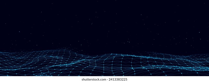 Dark cyberspace in digital background. Abstract vector technology blue wave with motion glowing dots and lines. Connection big data. Futuristic wireframe texture. Analysis network connection.
