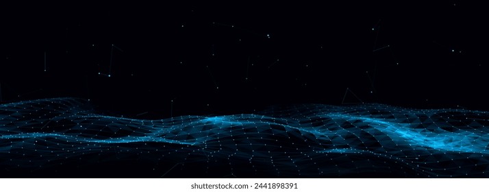 Dark cyberspace in digital background. Abstract vector technology blue wave with motion glowing dots and lines. Connection big data. Futuristic wireframe texture. Analysis network connection.