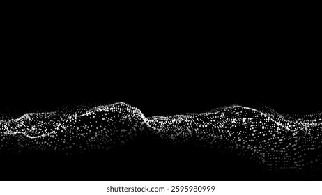 Dark cyberspace in digital background. Vector abstract technology black wave with motion dots and lines. Connection big data. Futuristic wireframe texture. Analysis a network connection.