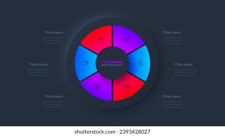 Diagrama de neumorfismo en ciclo oscuro dividido en 6 sectores. Plantilla de diseño de infografía de círculo