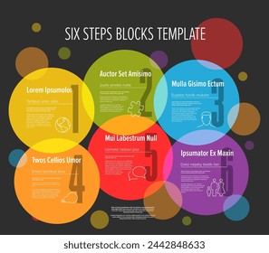Dark cycle progress steps template with descriptions icons and big color numbers on circles. Multipurpose progress infochart template with pastel color circles. 