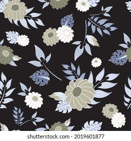 Dark Daisy Seamless Pattern Background.