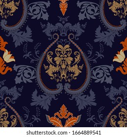 Dark damask seamless patter. Vector clipart. Damask ornamental wallpaper. Vintage fashion design for cover, wrapping paper, rug, fabric, textile
