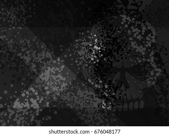 Dark death danger x cross gloomy scull shadow. Grunge cartoon spotted halftones black modern background. Distress damaged skull overlay dirty dots paint spray texture effect.