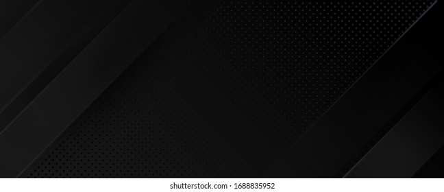 Dark deep black dynamic abstract vector background with diagonal lines. Modern creative halftone premium gradient. 3d cover of business presentation banner for sale event night party. Soft shadow dots