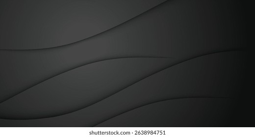 Dark deep black dynamic abstract vector background with wavy lines. Modern creative halftone premium gradient. 3d cover of business presentation banner for sale event night party. Soft shadow