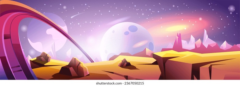 Dark deep space background banner in flat cartoon design. Cosmos fantasy poster with stars sky, different planets and celestial bodies, nebula, ground places and cosmic surface. Vector illustration