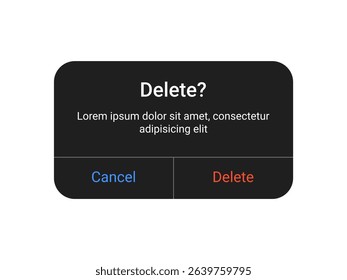 Dark delete notification pop up UI design with cancel and delete buttons on a transparent background for mobile app and web alert interface in a minimal modern style
