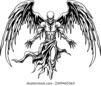 Dark demon with fiery wings on white background of illustration