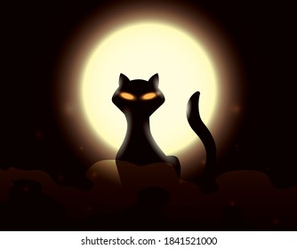Dark design with black cat silhouette with glowing eyes and a night with giant full Moon, glows and mist.