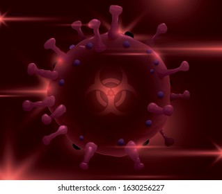 Dark design with coronavirus representation, biohazard symbol inside of it and red lights to promote efforts in the prevention of this new virus worldwide.
