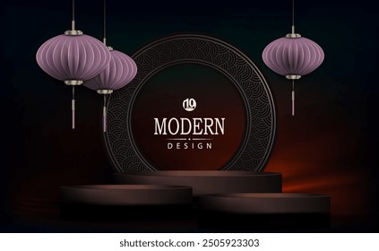 Dark design with a round frame, lanterns on pendants in the style of paper art.