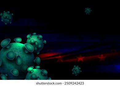 Dark design with silhouettes of the flag of America and elements of the coronavirus.