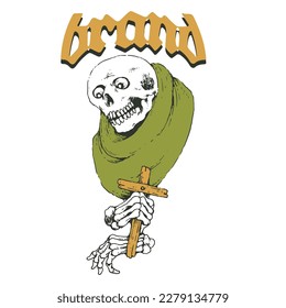 dark design, skeleton with a cross in his hand, very suitable for dark merchandise purposes.