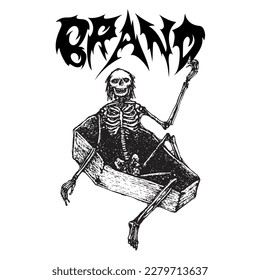 dark design, skeleton sitting on a coffin, very suitable for horror merchandise, or underground music merchandise.