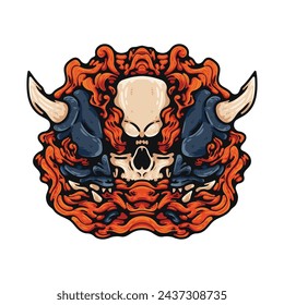 Dark Design: Skull and Oni Illustration with Orange Smoke