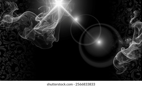 Dark desktop background with white smoke elements and dazzling light splashes.