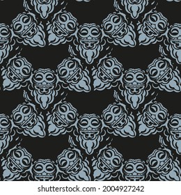 Dark dewy seamless pattern with blue vintage ornaments. Indian floral element. Graphic ornament for wallpaper, fabric, packaging, wrapping.