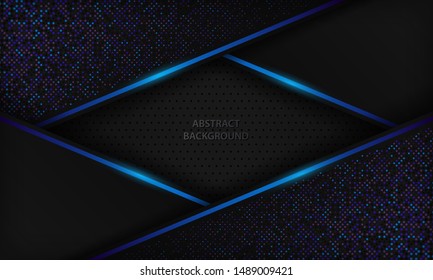 Dark diagonal abstract background with blue light lines and purple sparkle dots element. Modern futuristic technology black frame papercut design template for banner, card, corporate, flyer and cover.