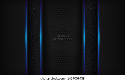 Dark diagonal abstract background with blue light lines and purple sparkle dots element. Modern futuristic technology black frame papercut design template for banner, card, corporate, flyer and cover.