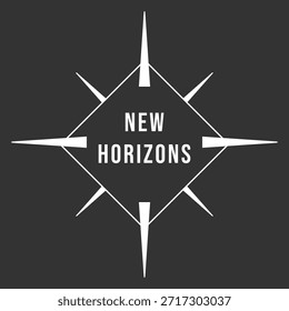 Emblema de estrella de diamante oscuro con las palabras Horizontes Nuevos irradiando puntos como una brújula.