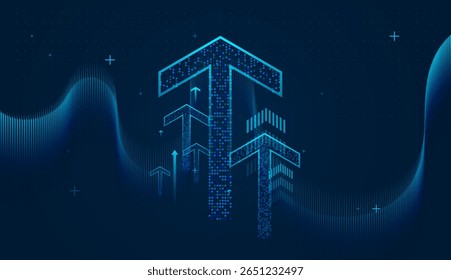 Dark digital background, the arrows are designed with pixel-like dots, creating a futuristic and high-tech aesthetic. vector illustration