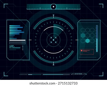 Una interfaz digital oscura que muestra datos futuristas, gráficos y retículas de orientación. Esta pantalla frontal inspirada en ciencia ficción evoca tecnología e información.
