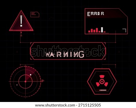 A dark digital interface displays a collection of red futuristic UI elements, including a warning sign, error message, radar, and a hazard symbol, against a grid background.