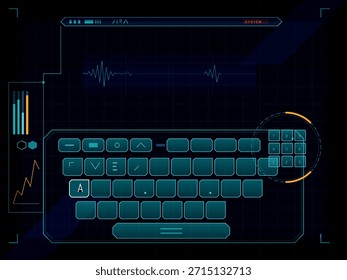 Una interfaz digital oscura muestra un teclado de ciencia ficción, formas de onda de audio, gráficos de barras y un teclado numérico, lo que sugiere un centro de comandos futurista o un sistema de análisis de datos.