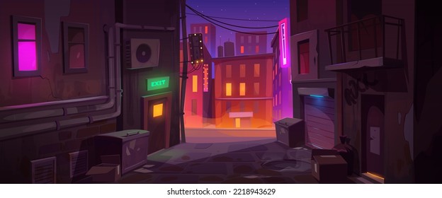 Dark dirty corner at night city with back exit door, litter bins and scatter garbage on narrow street with old buildings and view on colorful light road, town landscape Cartoon vector illustration