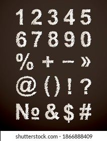Dark dirty grungy rough felt tip graffiti element logo design comic artist scribble print style. Closeup view simple handdrawn typographic trace numeric point minus mail collection set light paper art