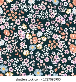 Dark Ditsy Fabric. Trendy Fabric Pattern With Small Flowers. Botanical Seamless Print With Different Floral Elements. Vintage Textile Collection.