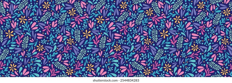 Banner de vetor de impressão de cor escura, padrão de repetição floral sem emenda, flor e folhas ilustração plana horizontal colorido projeto de fundo