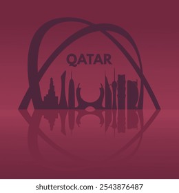 Dunkle Skyline-Silhouette von Doha auf maroonem Hintergrund, Katar.