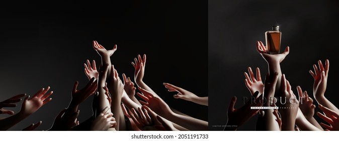 Dark dramatic product presentation template scene with bunch hand or arm reaching up 3d realistic vector. concert crowd,limited edition, black Friday themed illustration