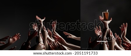 Dark dramatic product presentation template scene with bunch hand or arm reaching up 3d realistic vector. concert crowd,limited edition, black Friday themed illustration