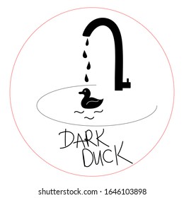 Dark duck logo vector illustration. Black silhouette of tap water and waterfowl swims in a sink isolated on white background.