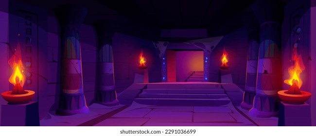 Dark dungeon in abandoned Egyptian palace. Vector cartoon illustration of corridor inside ancient template illuminated by fire, dust and spider web on pillars, mysterious neon hieroglyphs on walls