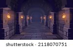 Dark Dungeon. Long medieval castle corridor with torches. Interior of ancient Palace with stone arch. Vector illustration.