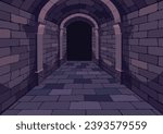 Dark Dungeon. Long medieval castle corridor with torches. Interior of ancient Palace with stone arch. Vector illustration