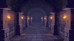 Dark Dungeon. Long Medieval Castle Corridor With Torches. Interior Of Ancient Palace With Stone Arch. Vector Illustration.