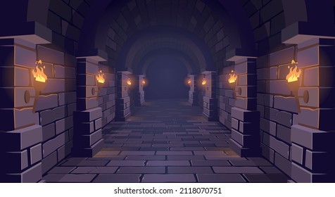 Dark Dungeon. Long medieval castle corridor with torches. Interior of ancient Palace with stone arch. Vector illustration. - Shutterstock ID 2118070751