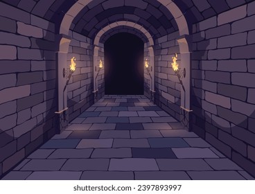 Dark Dungeon. Long medieval castle corridor with torches. Interior of ancient Palace with stone arch. Vector illustration