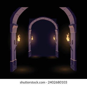 Dark Dungeon. Long medieval castle corridor with torches. Interior of ancient Palace with stone arch. Vector illustration