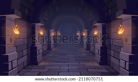 Dark Dungeon. Long medieval castle corridor with torches. Interior of ancient Palace with stone arch. Vector illustration.