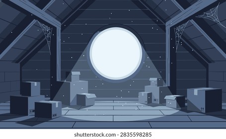 Dark and dusty attic interior with cobwebs, stacks of cardboard boxes, and light streaming through a round window.