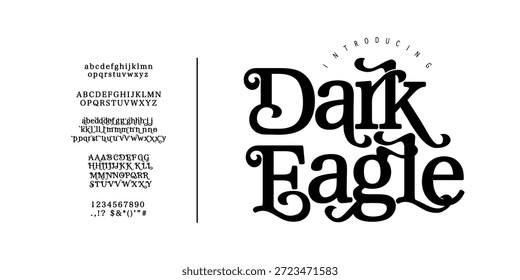 Fonte de Águia Escura. Tipo de tela serif decorativo com caráter vintage gótico, ideal para logotipos, cartazes, marca de vestuário e manchetes em negrito.