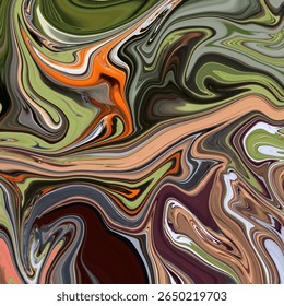 Arte em espiral abstrata da Terra escura com realces em verde arrojado, laranja e marrom. Fluxo dinâmico perfeito para projetos de design orgânicos ou inspirados na natureza.
